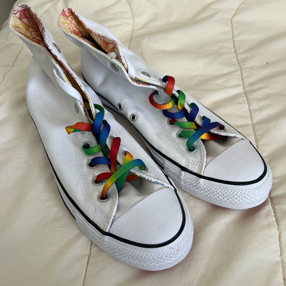 Converse White Sneakers with Geometric Rainbow Design